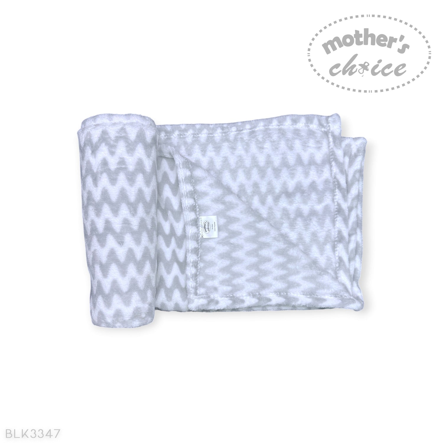 Gray and white chevron patterned blanket with a brand logo on a white background