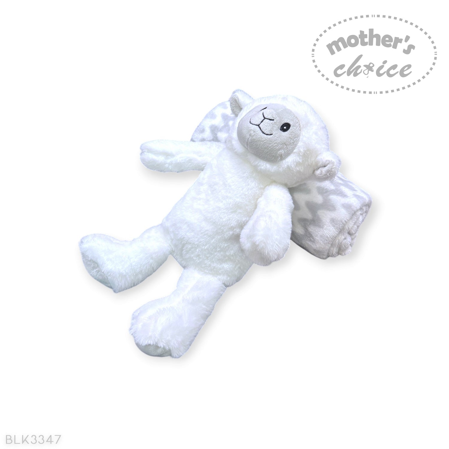 White plush toy with a bear and cloud design on a white background, branded 'Mother's Choice'.