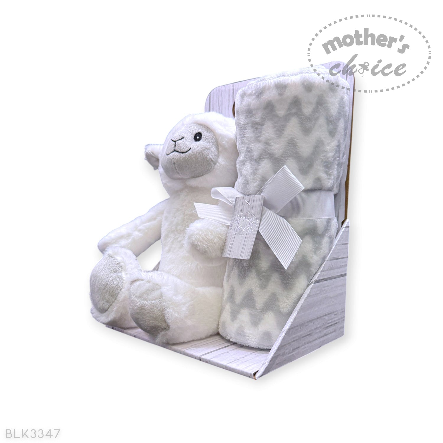 White teddy bear and gray chevron blanket with a white bow in a box, branded 'Mother's Choice'.