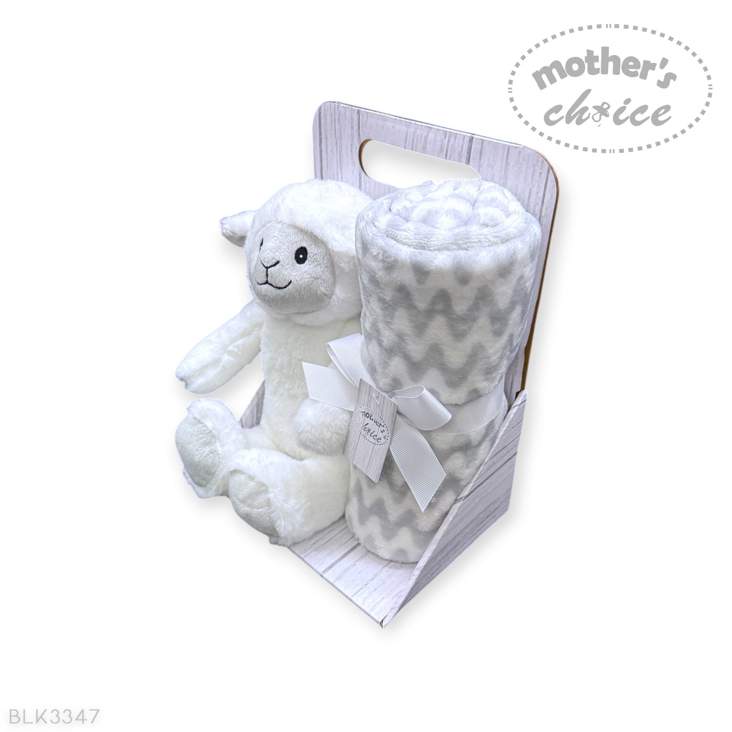 White plush lamb toy and gray patterned blanket in a packaging box with 'Mother's Choice' branding.