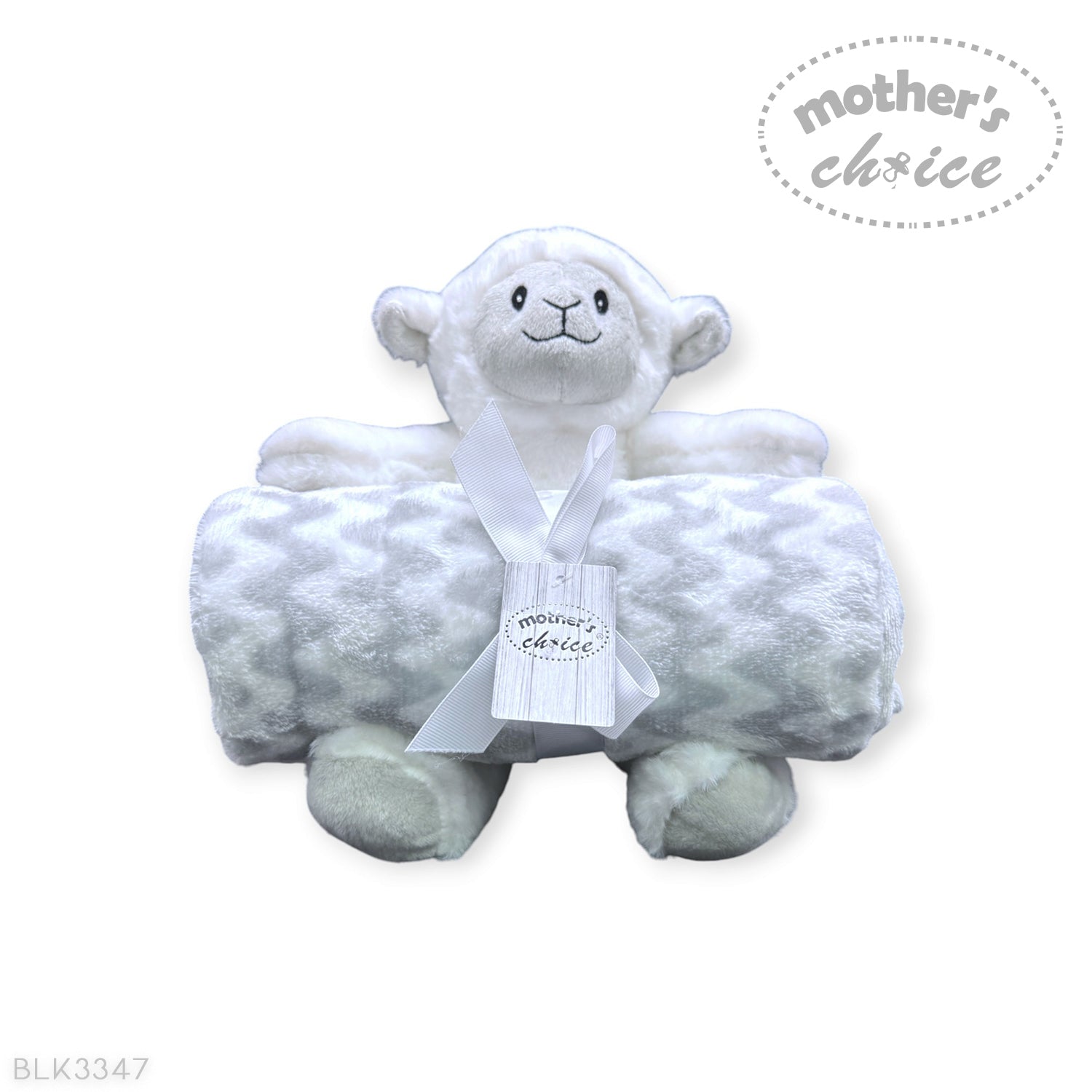 White plush lamb toy with a tag on a white background, featuring 'Mother's Choice' branding.