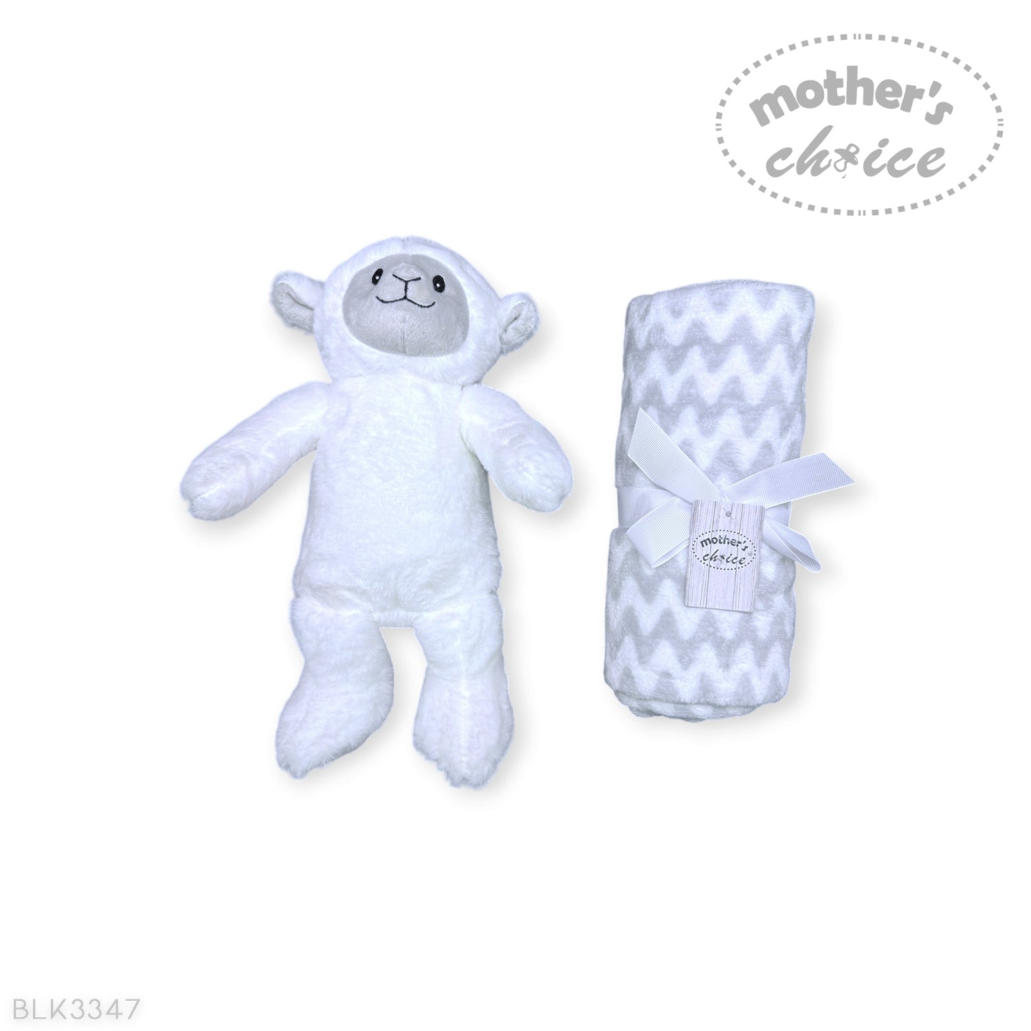 White plush toy and chevron-patterned blanket with 'Mother's Choice' branding on a white background.