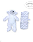 White plush toy and chevron-patterned blanket with 'Mother's Choice' branding on a white background.