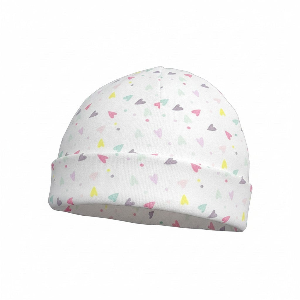 White baby hat with colorful triangle pattern on a white background