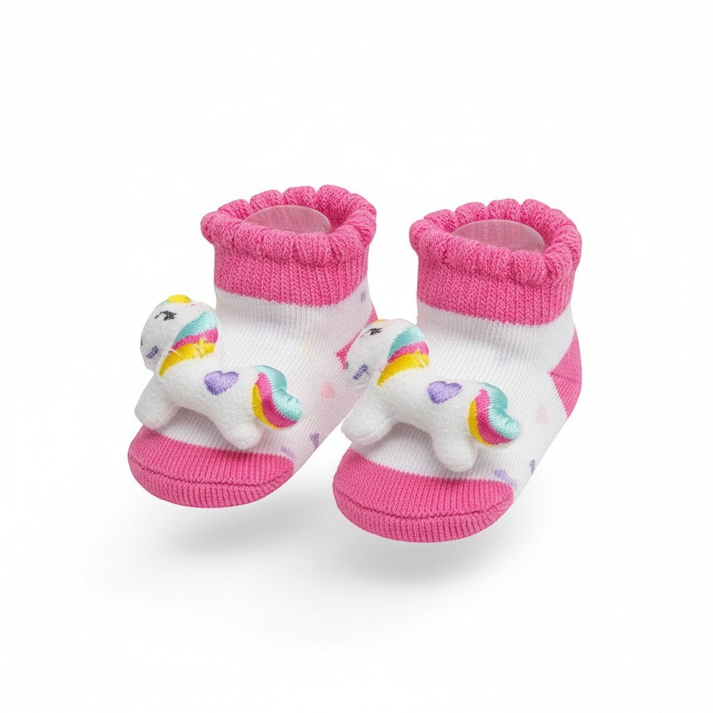 Pair of baby socks with unicorn design on a white background