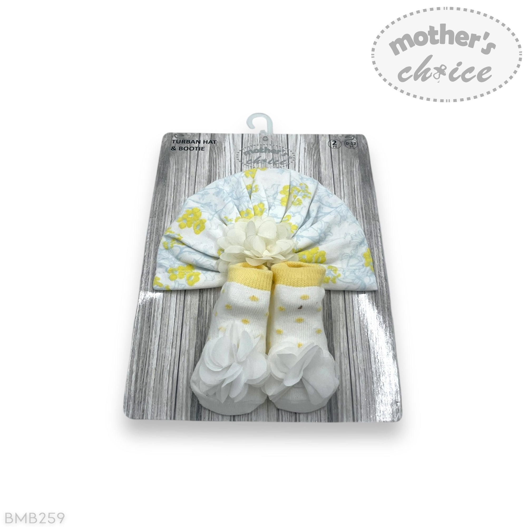 Baby hat and socks set on a hanger with 'Mother's Choice' branding.