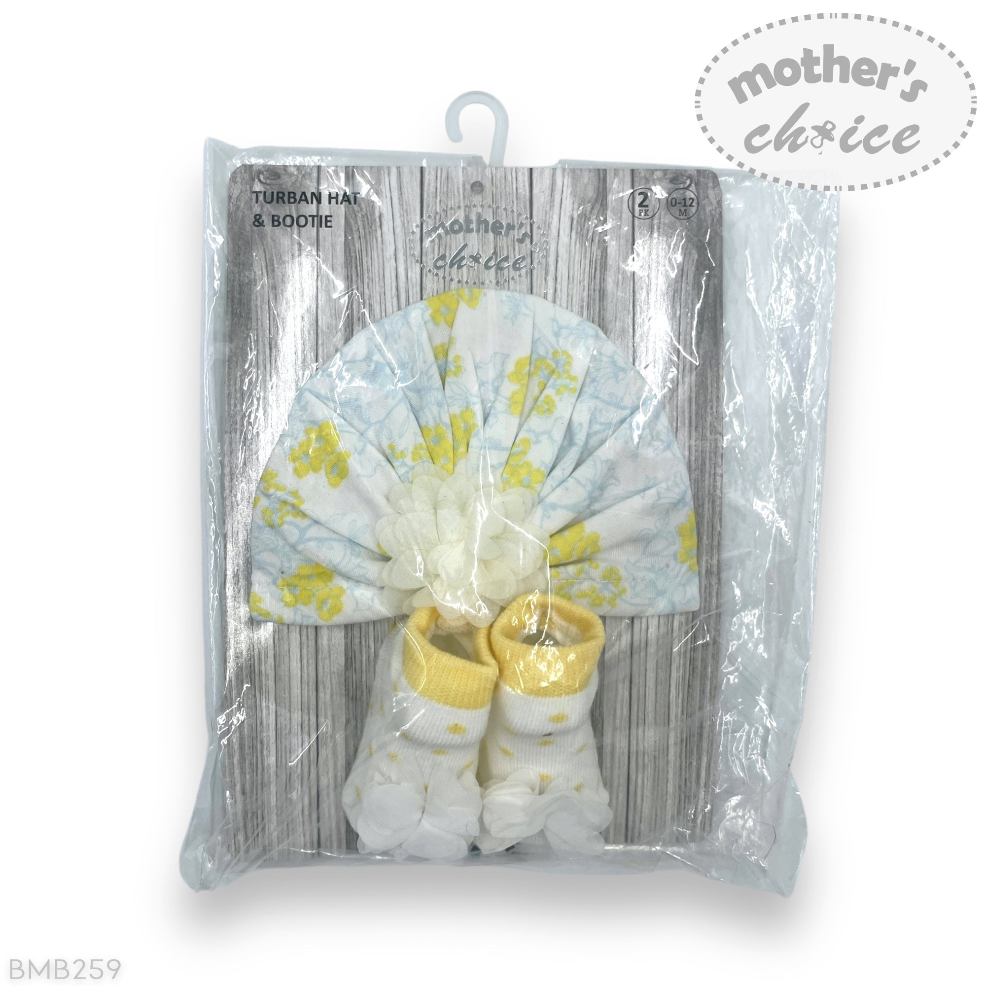 Packaged baby turban, booties, and headband set with 'Mother's Choice' branding.