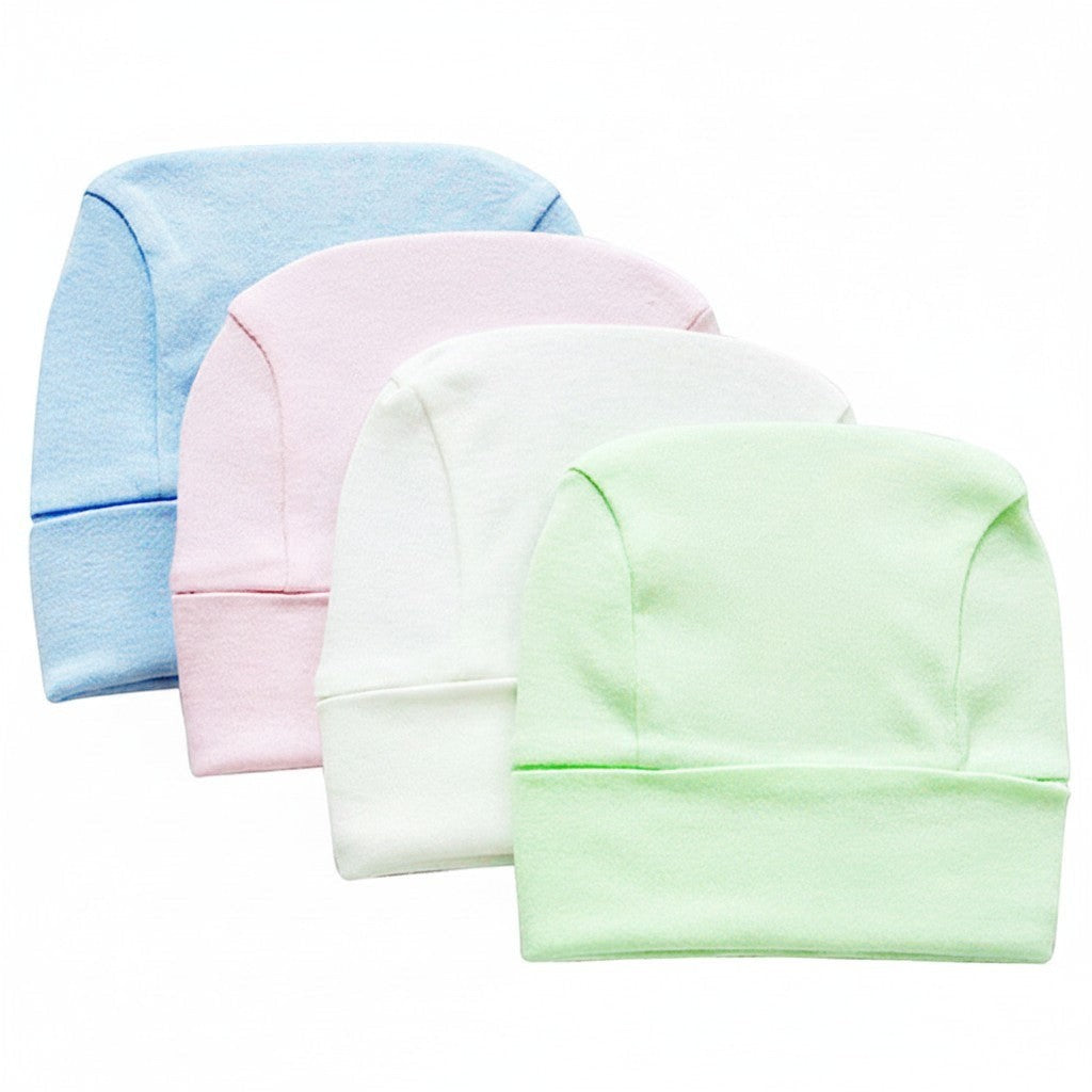 Four baby hats in blue, pink, white, and green on a white background