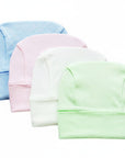 Four baby hats in blue, pink, white, and green on a white background