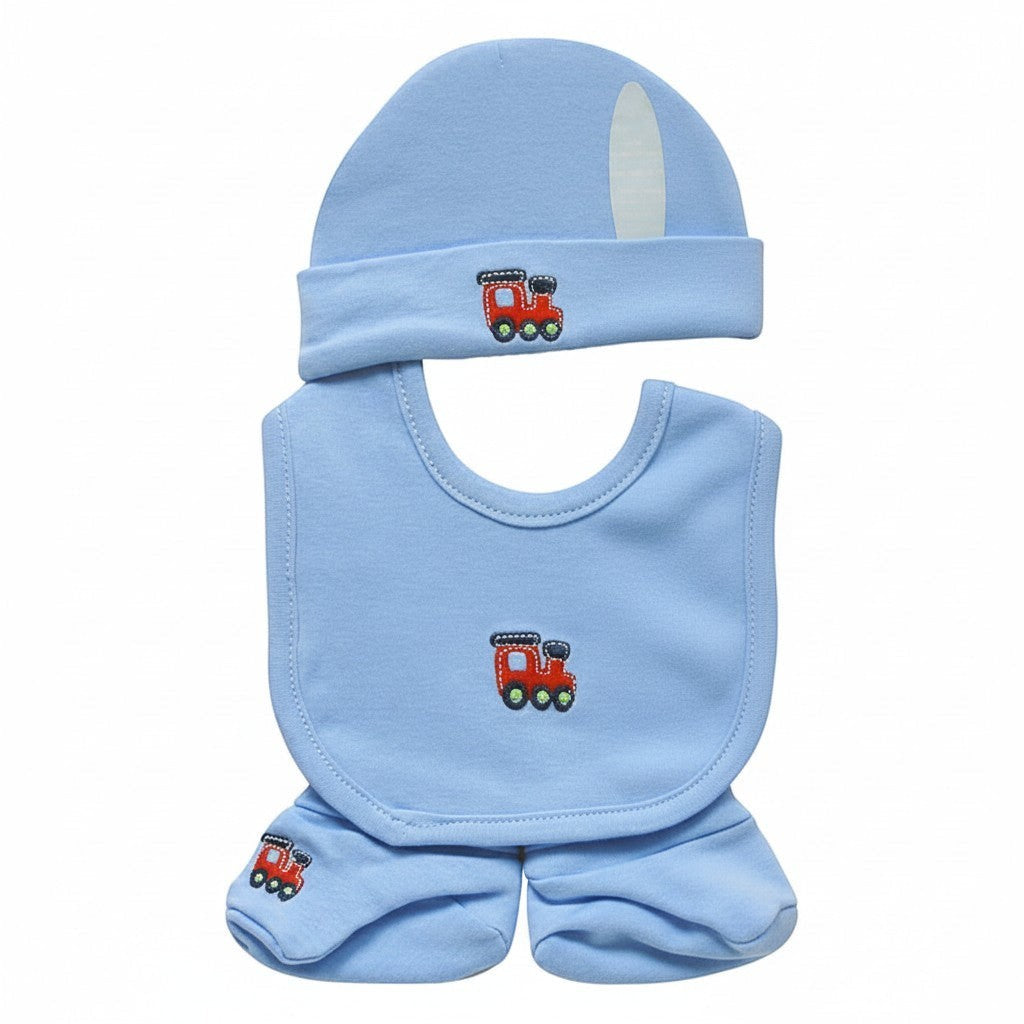 Baby blue outfit set with train design on a white background
