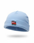 Light blue beanie with a red train design on a white background