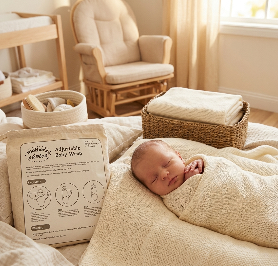 Newborn baby wrapped in a beige blanket with 'Mother's Choice' adjustable baby wrap packaging in a nursery setting.