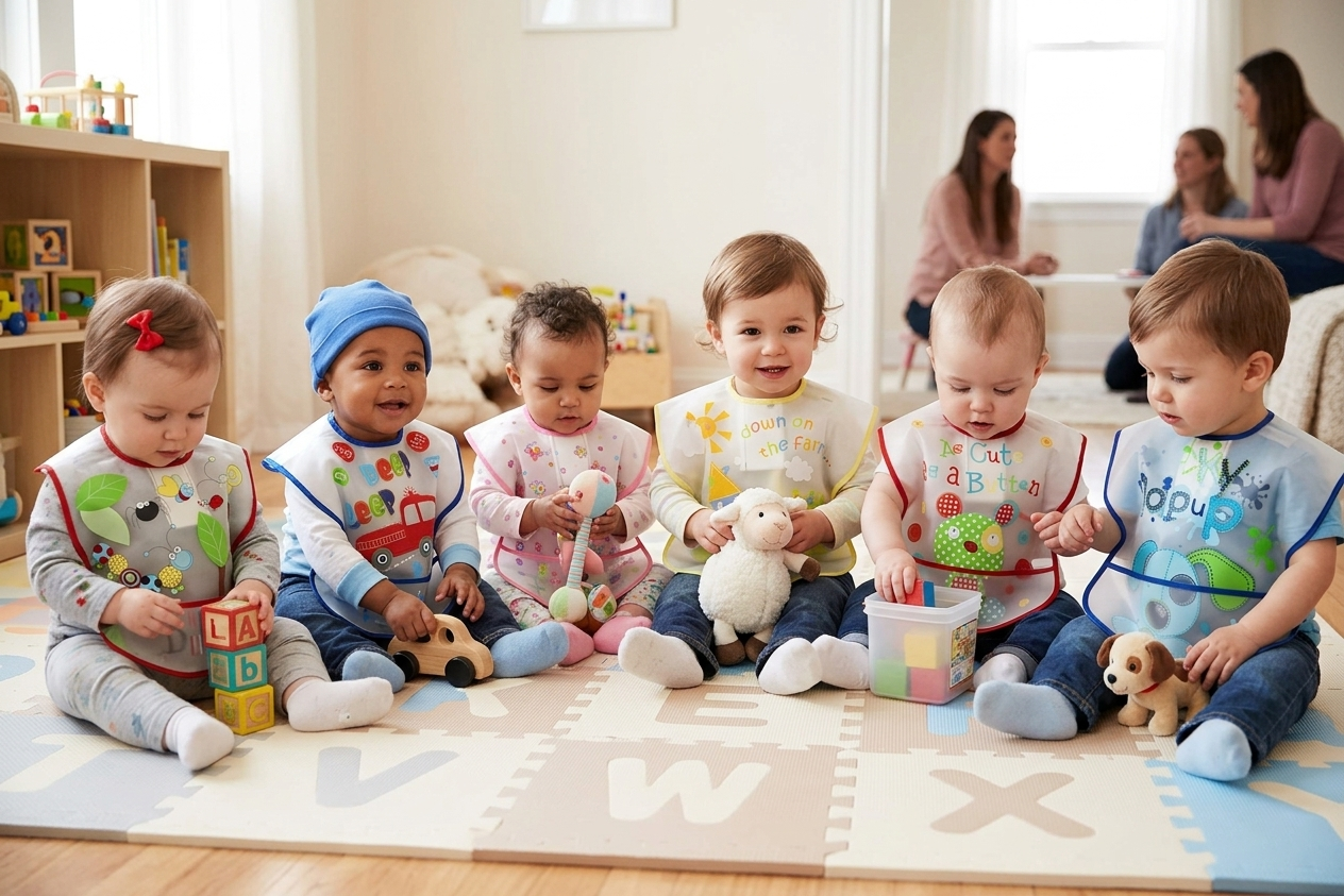 Group of toddlers sitting on a rug with toys in a bright room