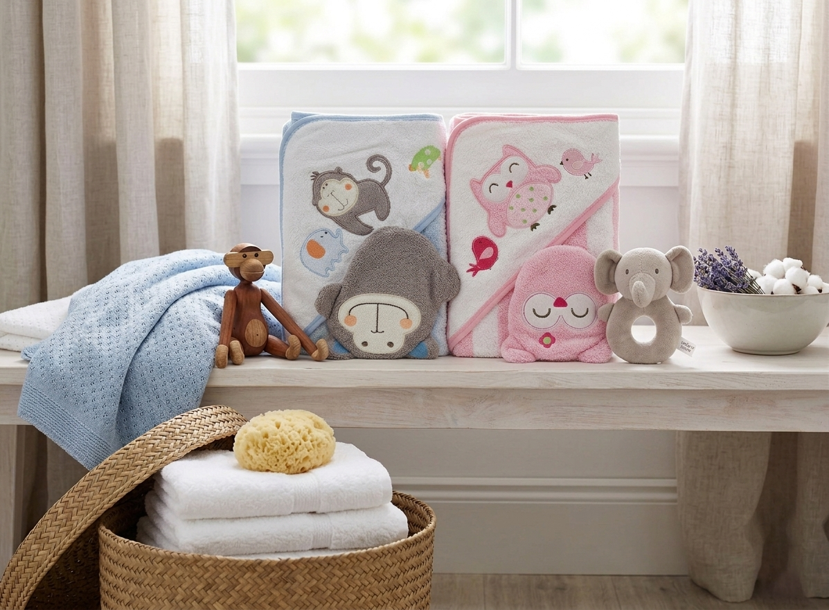 2 pc bath towel set baby monkey owl design