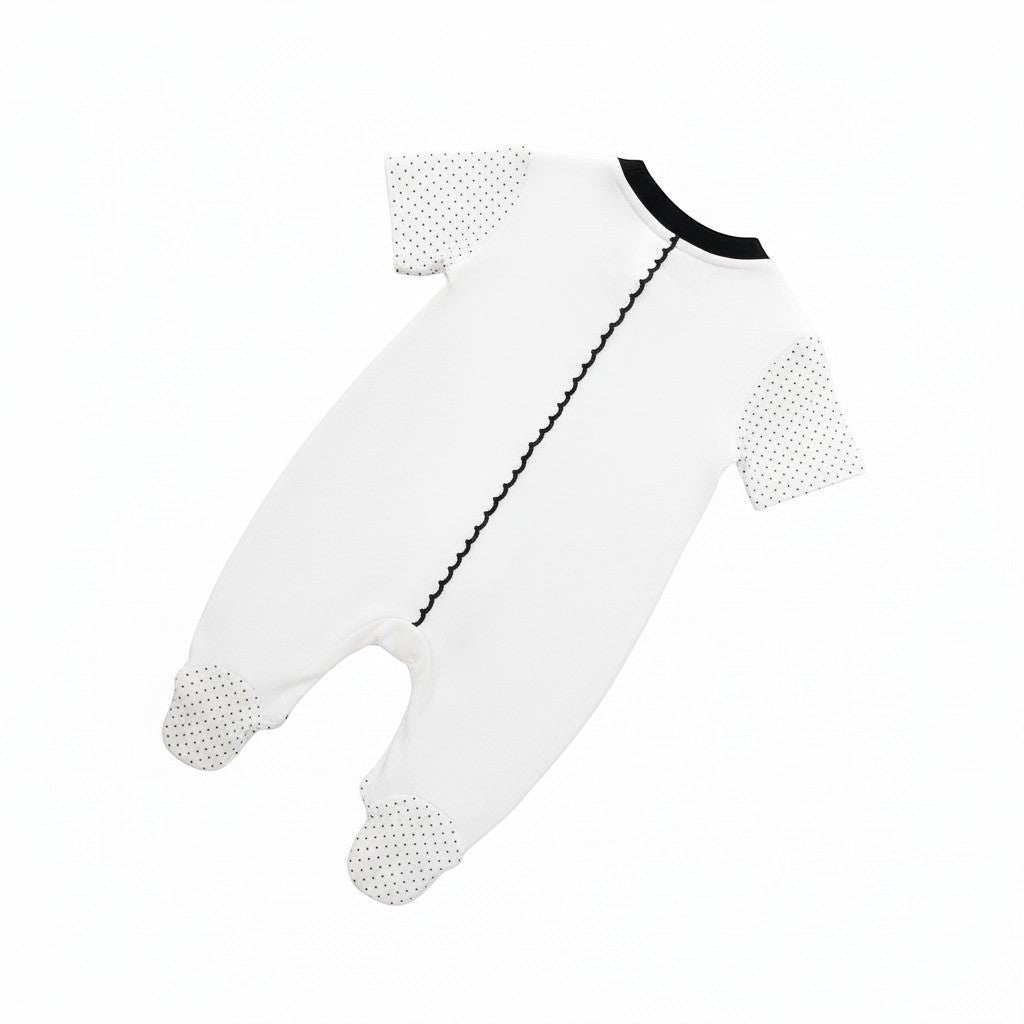 White baby onesie with black text on a white background