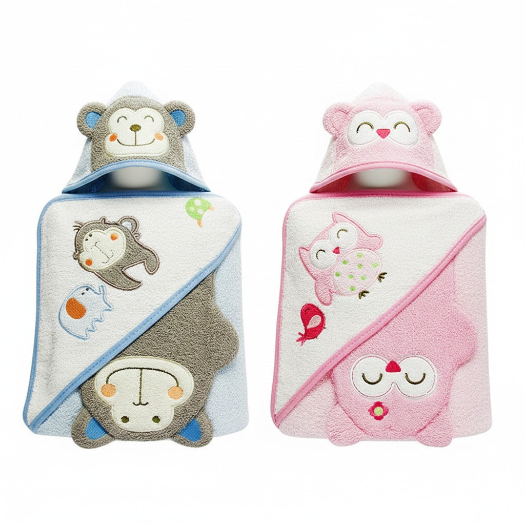2 pc bath towel set baby monkey owl design