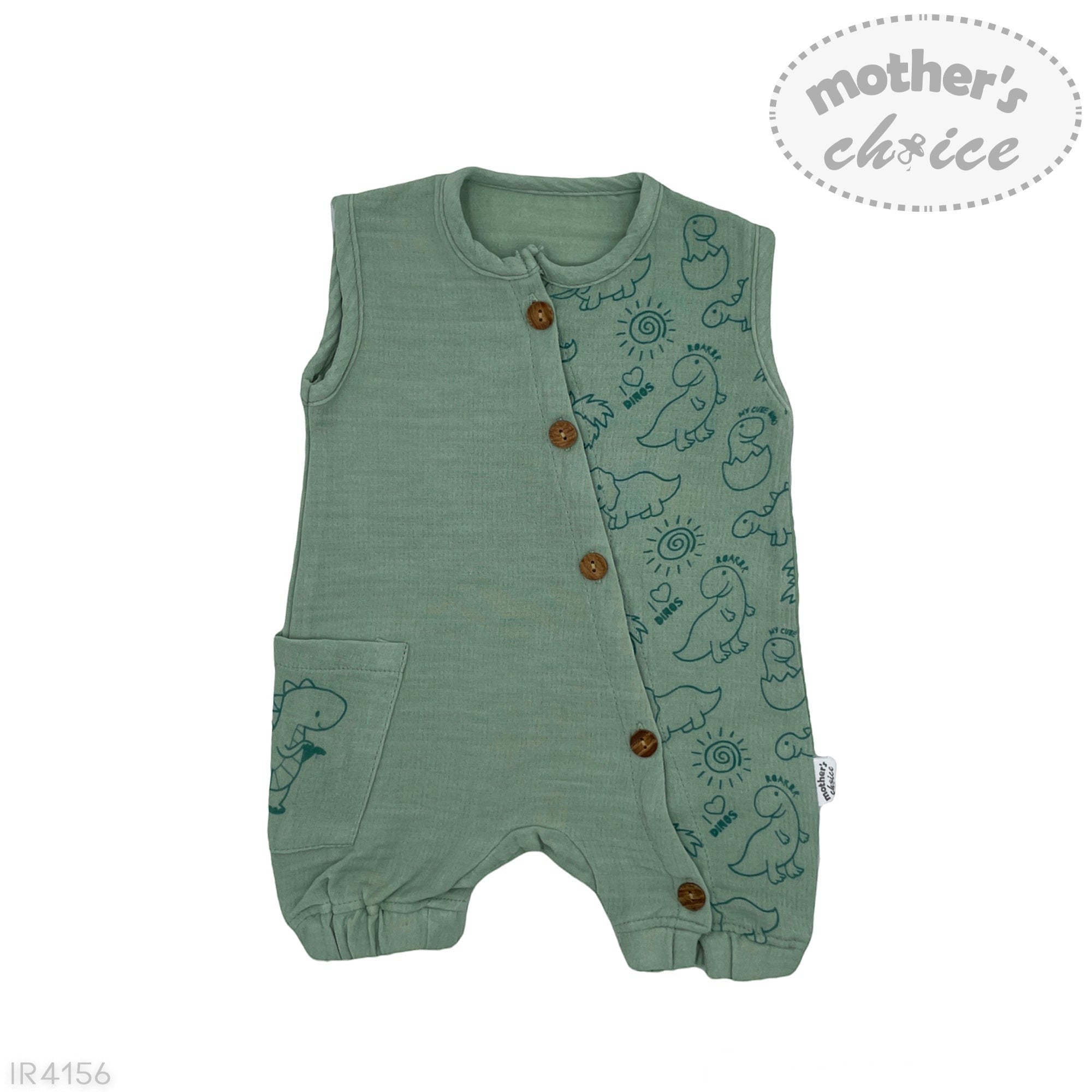 Green baby romper with dinosaur pattern on a white background, featuring 'mother's choice' branding.
