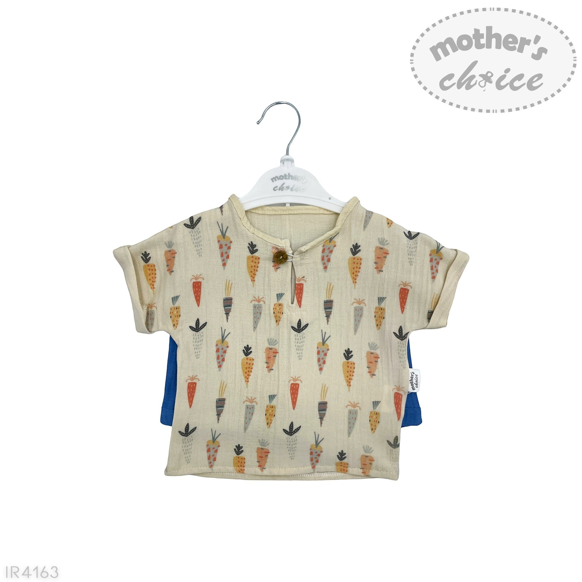 Baby shirt with carrot pattern on a hanger against a white background, featuring 'mother's choice' branding.