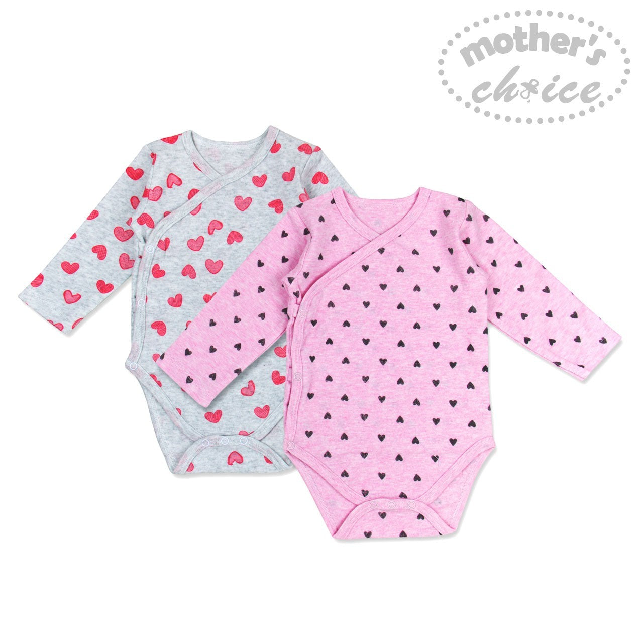 Two baby bodysuits with heart patterns on a white background, branded 'Mother's Choice'.