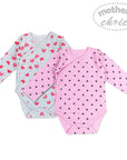 Two baby bodysuits with heart patterns on a white background, branded 'Mother's Choice'.