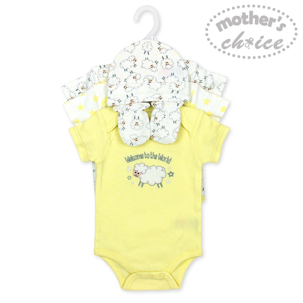 Yellow baby bodysuit with sheep design and text on a hanger with floral pattern, branded 'Mother's Choice'.