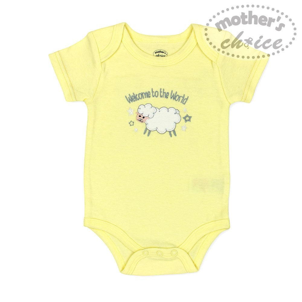Yellow baby onesie with a sheep design and text on a white background