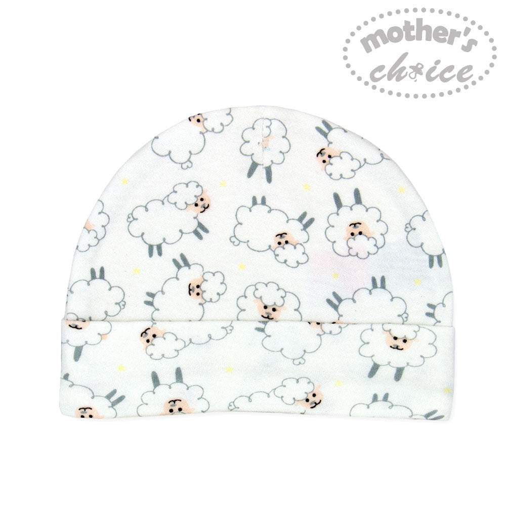 Baby hat with sheep pattern on a white background, featuring 'Mother's Choice' branding.