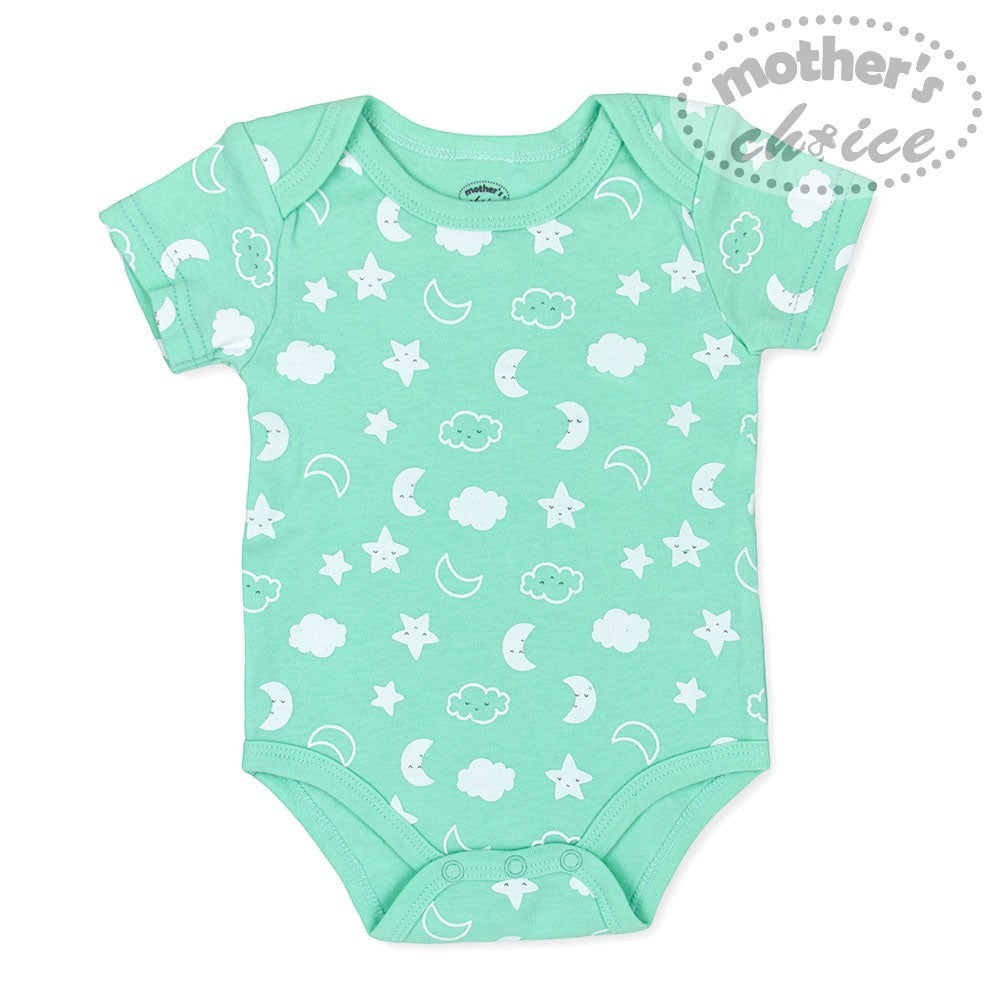 Mint green baby onesie with white patterns on a white background