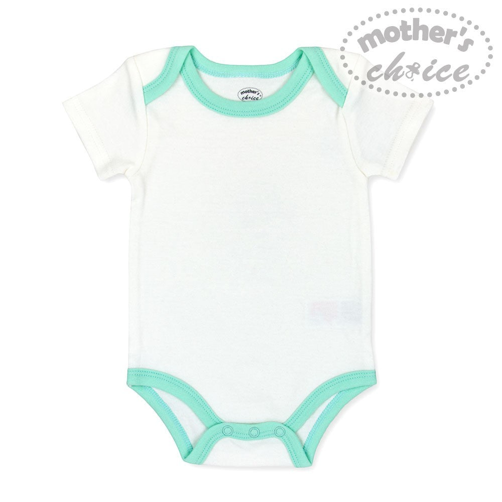 White baby onesie with green trim on a white background, featuring 'Mother's Choice' branding.