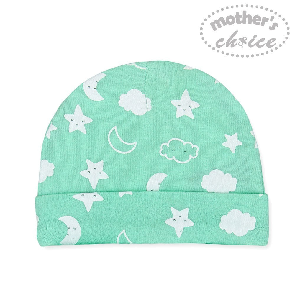 Green baby hat with star, moon, and cloud patterns on a white background