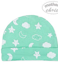 Green baby hat with star, moon, and cloud patterns on a white background