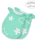 Pair of green baby booties with star and cloud patterns on a white background, featuring 'Mother's Choice' branding.