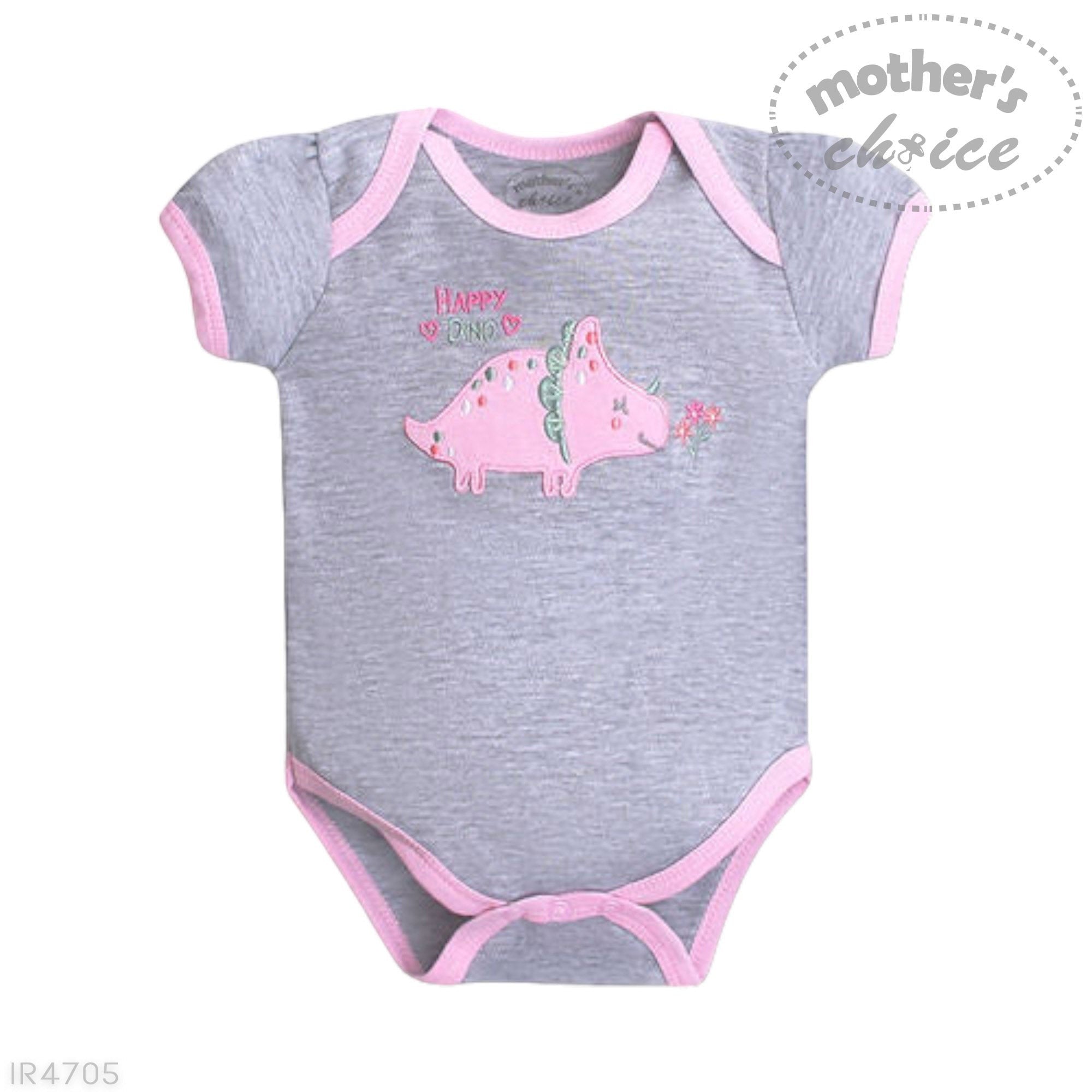 Gray baby onesie with pink accents and a pink dinosaur design on a white background.