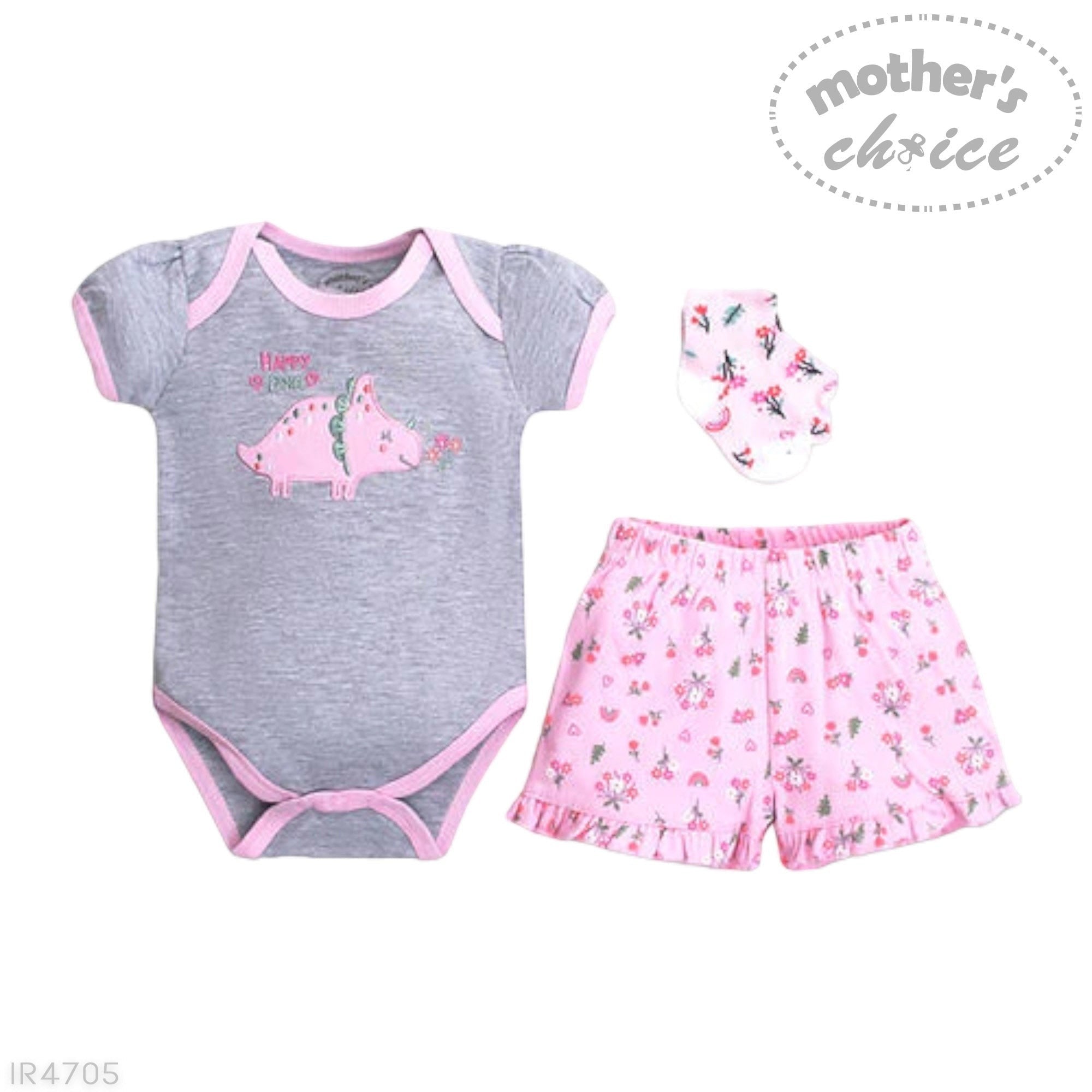 Baby outfit set with gray onesie, pink shorts, and matching hat on a white background.