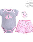 Baby outfit set with gray onesie, pink shorts, and matching hat on a white background.