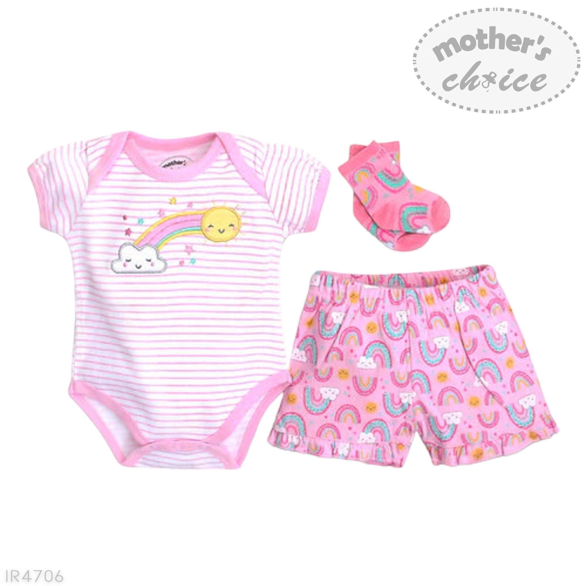 Baby clothing set with onesie, shorts, and socks on a white background, featuring 'Mother's Choice' brand.