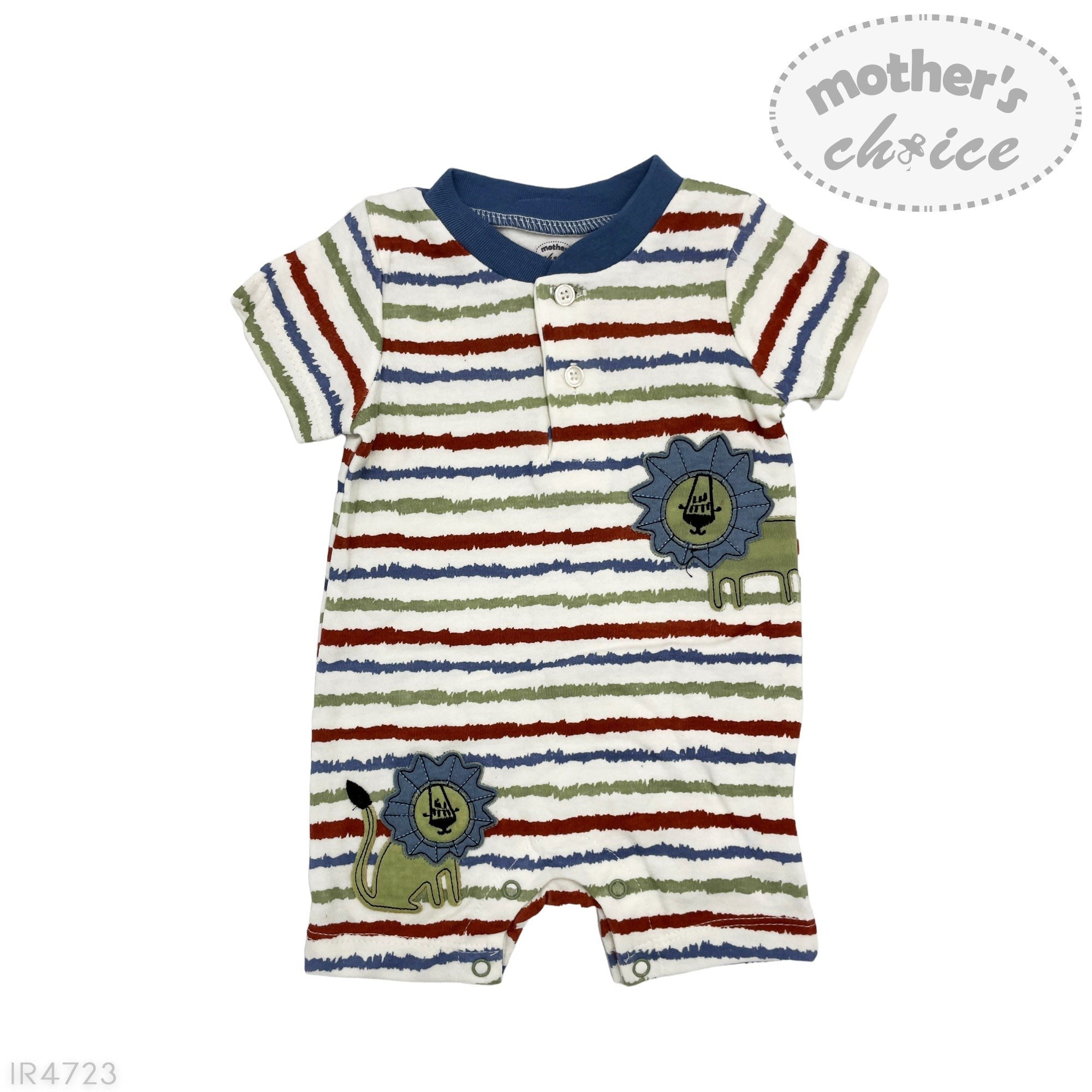 Striped baby romper with lion design on a white background, branded 'Mother's Choice'.