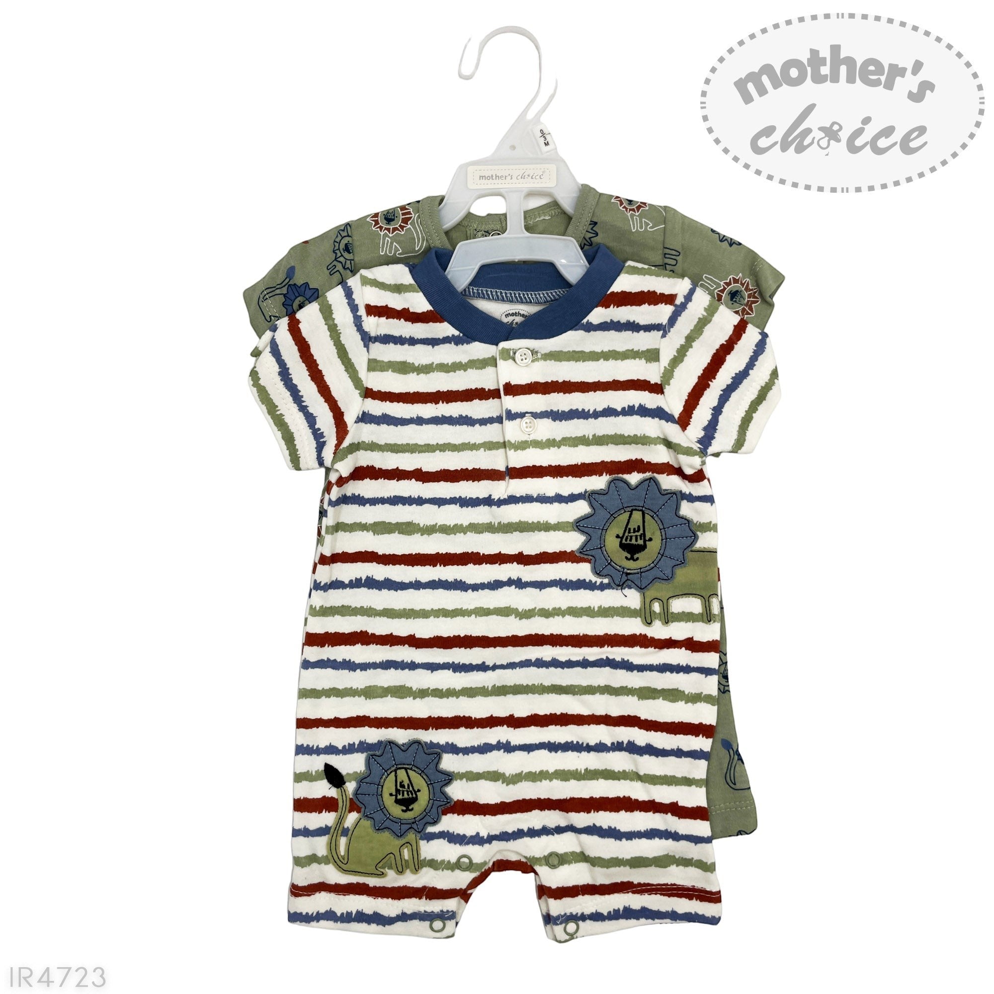 Striped baby romper with animal designs on a hanger against a white background, branded 'Mother's Choice'.