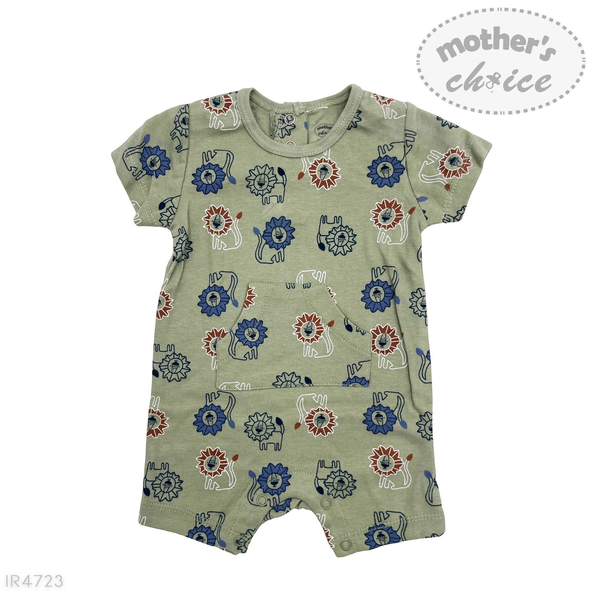 Children's romper with animal pattern on a white background, branded 'Mother's Choice'.