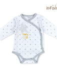 Baby bodysuit with 'Little Star' print on a white background, brand 'infangie' visible.