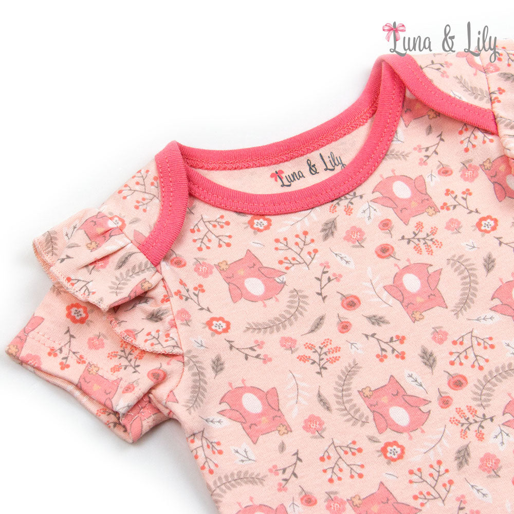 Baby romper with pink fox pattern and ruffled sleeves on a white background, branded 'Luna & Lily'.