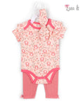 Baby outfit with pink floral pattern on a white background, featuring the brand 'Luna & Lily'.