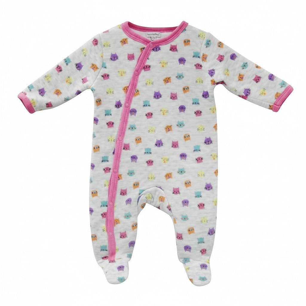 Baby onesie with colorful owl pattern on a white background