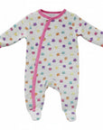Baby onesie with colorful owl pattern on a white background