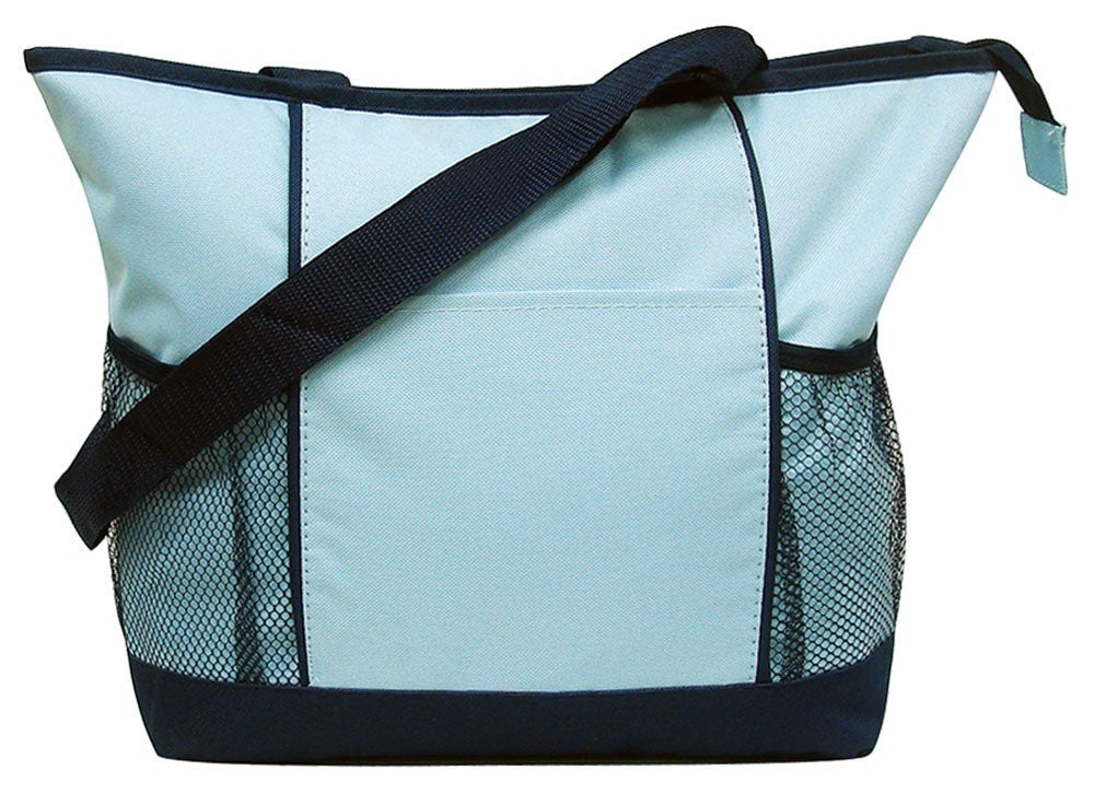 Light blue tote bag with black mesh sides and handle on a white background