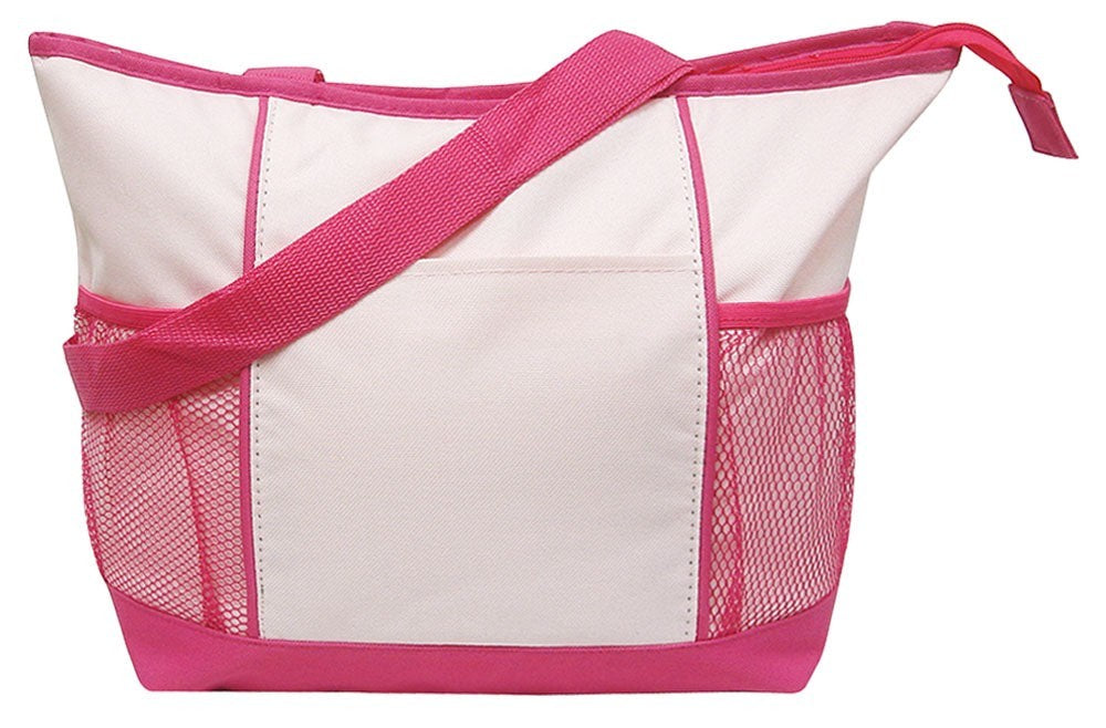 White tote bag with pink accents on a white background