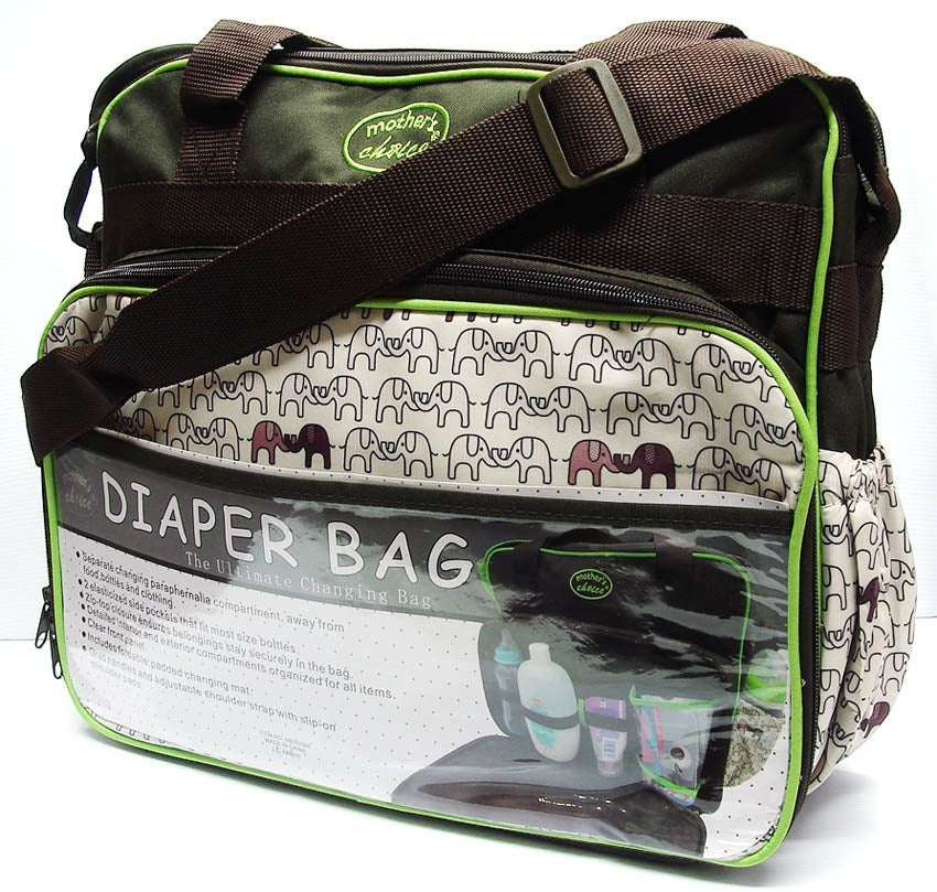 Diaper bag with elephant pattern and visible brand logo on a white background