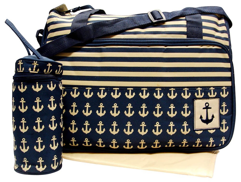 Navy and beige striped bag with anchor pattern, including a matching pouch.