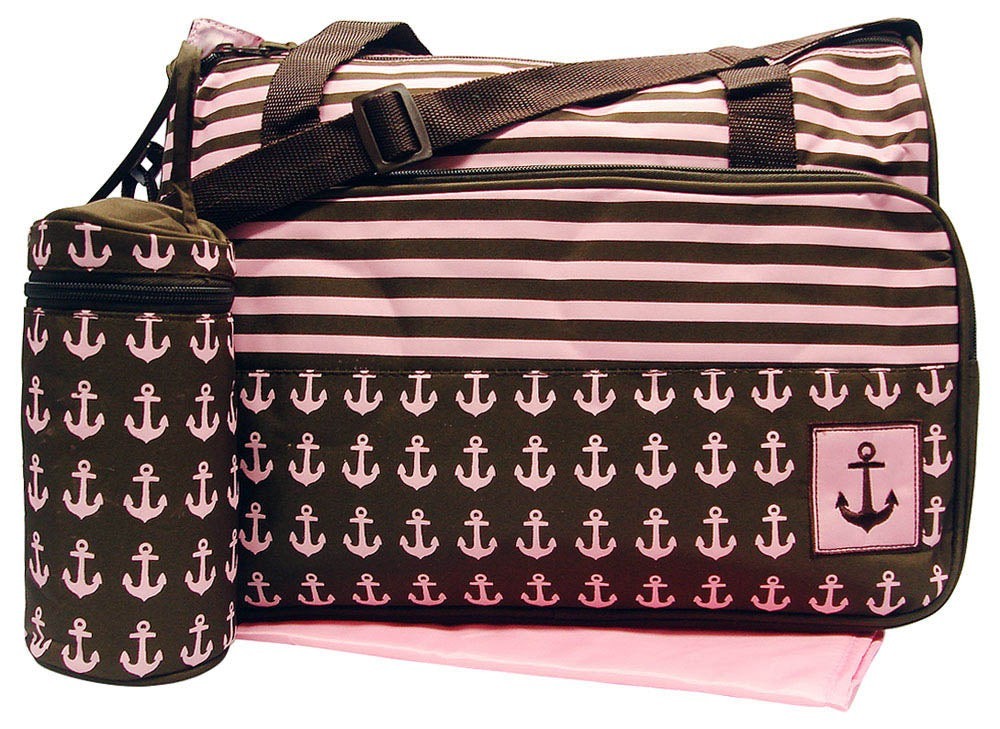 Duffel bag with pink anchor pattern and matching pouch on a white background
