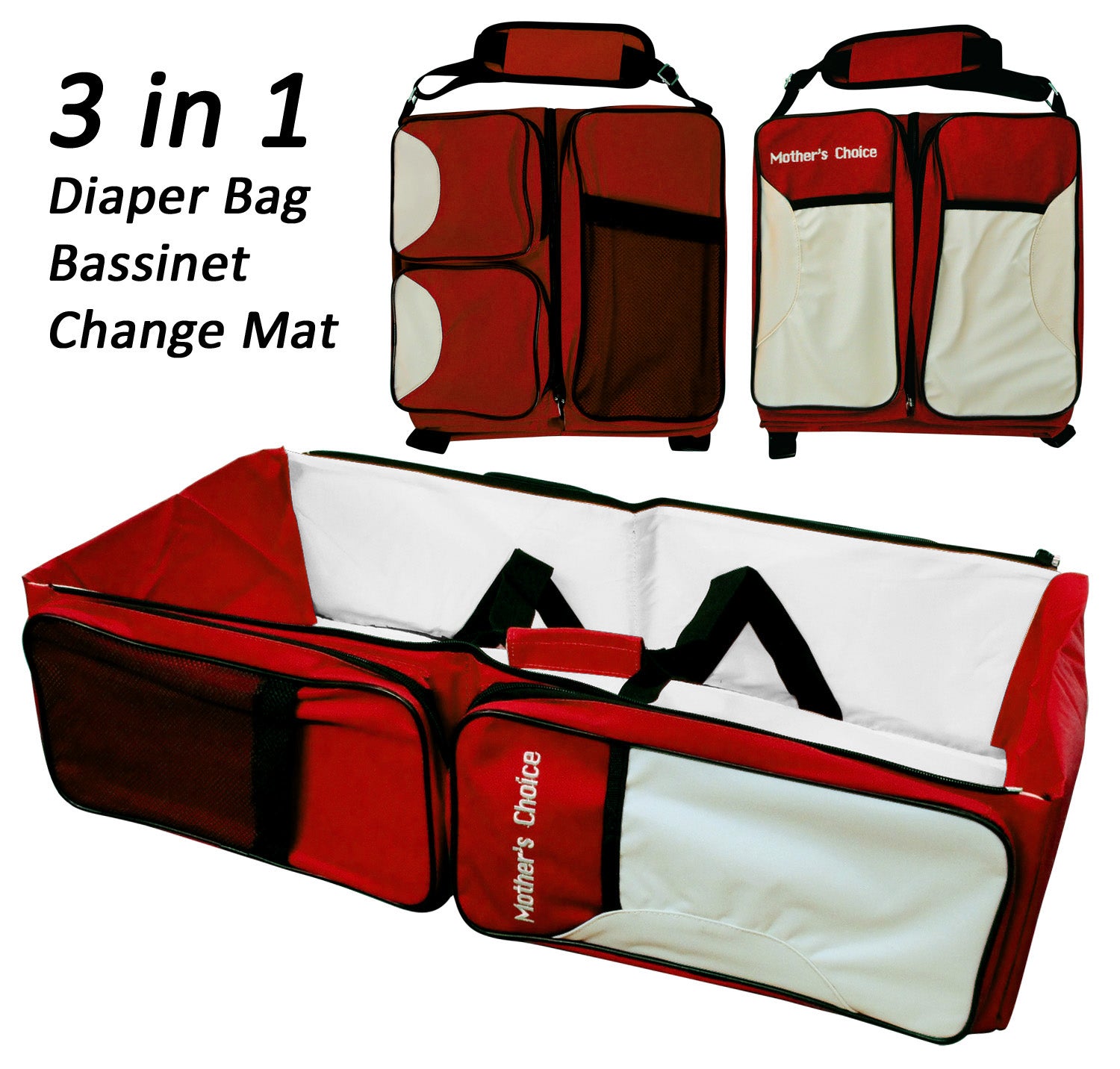 Red and white 3-in-1 diaper bag, bassinet, and change mat with 'Mother's Choice' branding.